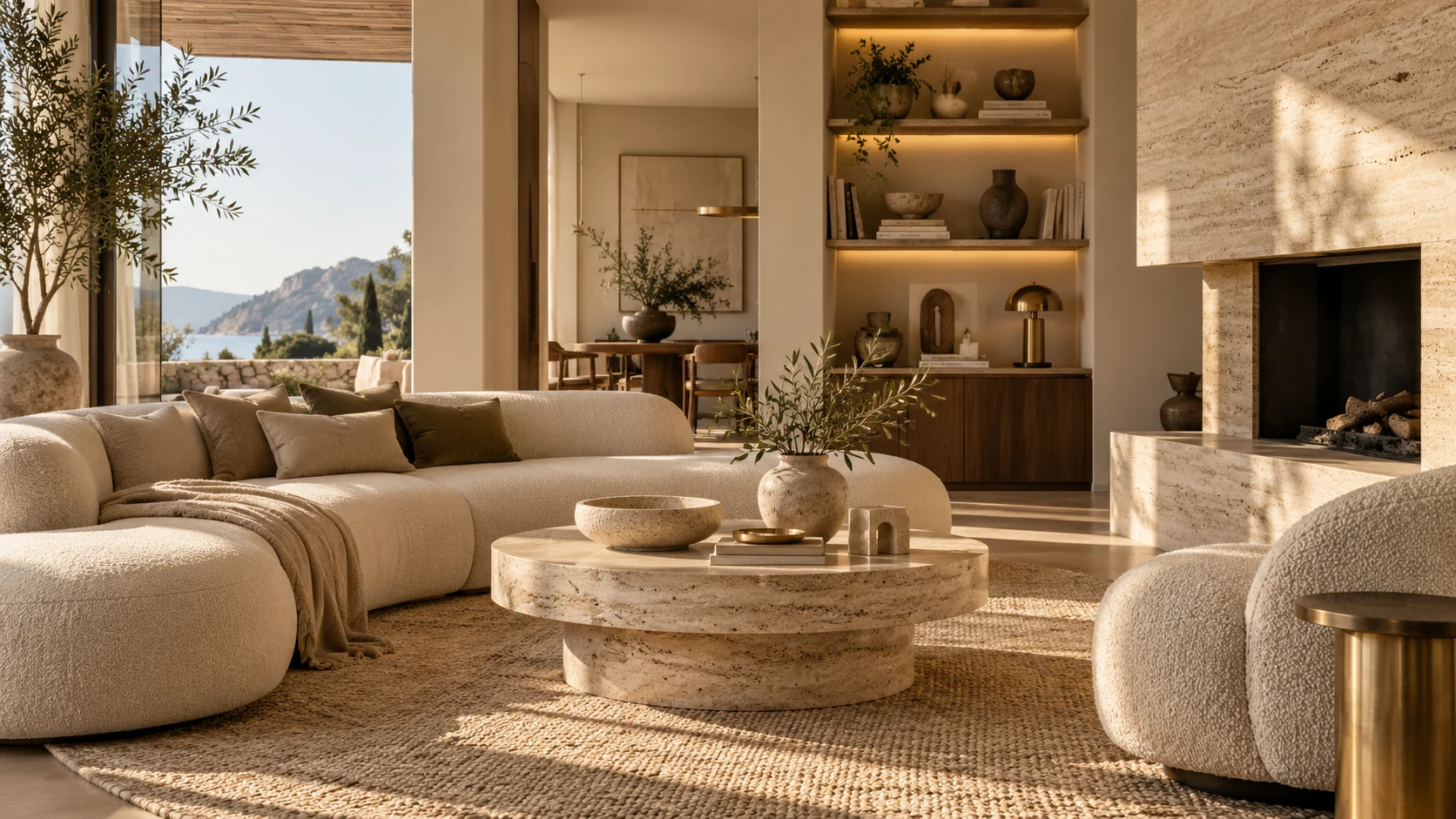 Warm timber shelves and considered objects in a contemporary living room